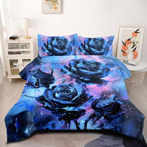 CCoutueChen Romantisches Bettwäsche-Set mit blauen Rosen, King-Size-Größe, abstrakte Regenbogen-Galaxie, Sternenhimmel-Rosen-Druck, Bettwäsche-Set für Damen, Teenager, Kinder, Mädchen, 3-teilig,