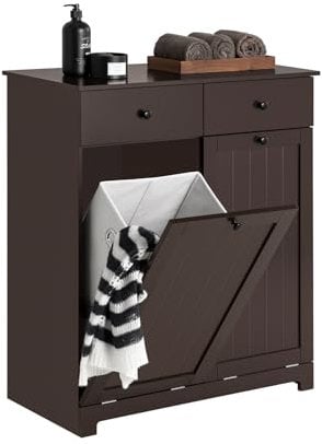 SoBuy Wäscheschrank mit 2 ausklappbaren Wäschesäcken Wäschetruhe Wäschesammler mit 2 Schubladen Wäschekorb Badschrank Badmöbel Braun BHT ca. 78x91x38cm BZR33-BR
