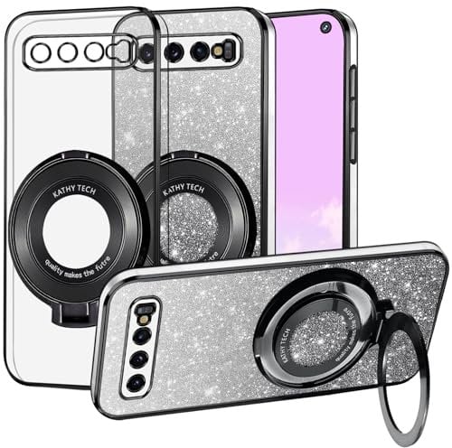 Kainevy Phone Case for Samsung Galaxy S10 Clear Glitter Magnetic Slim Silicone Shockproof Cover with Ring Stand, Cute for Samsung S10 Case Compatible with MagSafe Fits Wireless Charger (Black)