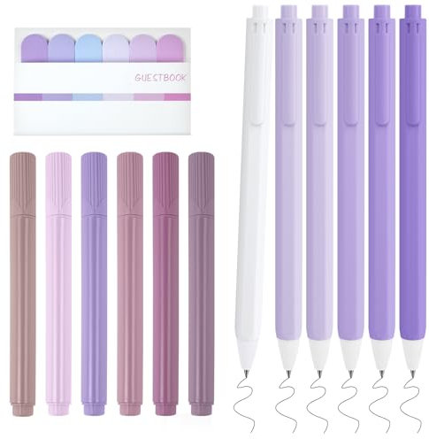 OFFCUP 6 Penne a Inchiostro gel Retrattili, 6 Penne Illuminanti, 6 Pezzi Sticky Notes School Supplies Aesthetic, Inchiostro Nero Liscio, Foglietti Adesivi, Evidenziatori (Viola)