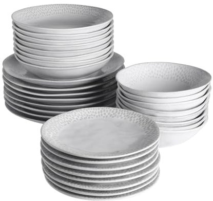 ProCook Malmo Stoneware Dinner Set (Dove Grey Teardrop, 32 Piece, 8 Table Settings) Dishwasher Safe, Microwave Safe