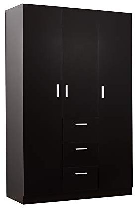 Panana Large 3 Door Wardrobe with 3 Drawers 4 Shelves Storage Cupboard Closet, Hanging Rail for Bedroom Furniture (Black)