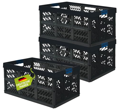 homesti Klappbox 45 L bis 50 kg, 3er Set, 54 x 36 x 28 cm, Einkaufskorb in Schwarz Blau, stabil, faltbar, Soft-Touch Griffe, lebensmittelecht, pflegeleicht
