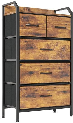 CAIYUN Kommode mit 5 Schubladen, Schmaler Aufbewahrungsschrank aus Stoff, Kommode für Schlafzimmer, Wohnzimmer, Kinderzimmer, Platzsparend, Stabiler Metallrahmen, Einfache Montage, Vintagebraun