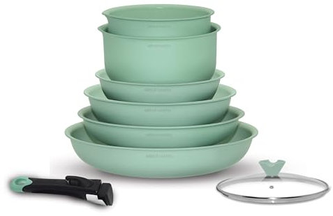 Arthur Martin, AMV12, Batterie de cuisine 8 pièces en aluminium avec revêtement anti-adhérent, poignées amovibles et couvercle en verre, compatible tous feux, 20-24-28 cm, Vert