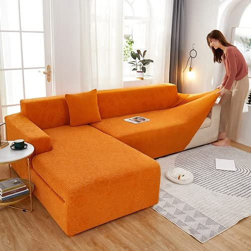 Samt-Sofabezug-Set, L-förmig, Jacquard-Stretch, All-Inclusive-Schonbezüge für Wohnzimmer, Eckcouch, universeller Chaiselongue-Schutz (Orange, 5-Sitzer)