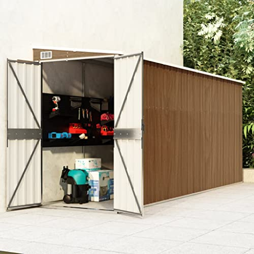 Gecheer Abri de jardin à mur, marron, 118 x 382 x 178 cm, acier galvanisé, maison de jardin, abri pour outils, pour extérieur, abri, outils en acier, maison d'outils, P316232