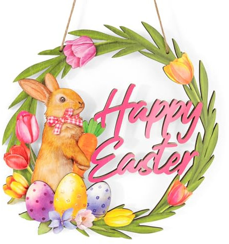 Couronne de Pâques 30cm en Bois Couronne Decorative Lapin Oeufs Happy Easter Décoration Pâques de la Porte d'entrée Mural