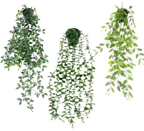 3 Stück Künstliche Hängepflanzen mit Töpfen, Künstliche Pflanzen im Topf, Kunstpflanze Hängend Efeu Efeutute Mostera Wand Wohnzimmer Deko, Hängepflanze Künstlich, Fake Plant, Plastik Pflanze (C)