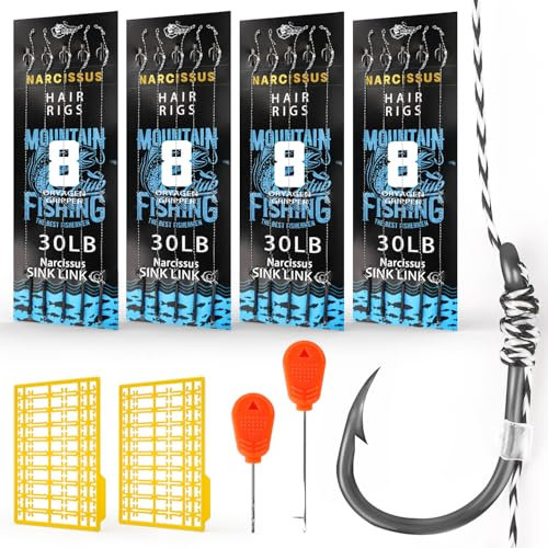 Narcissus Carp Fishing Hair Rigs – 20Pcs Carp Fishing Equipment, 24cm Braided Line Bait Rigs with Hooks and Boilie Stops