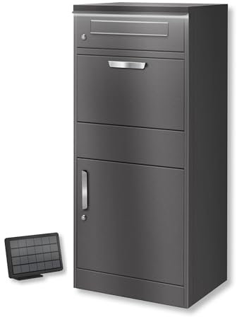 Metzler Briefkasten und Paketbox mit LED Beleuchtung rostfrei & massiv, paketbox draussen groß XXL, Standbriefkasten beleuchtet solar, Postkasten, Paketkasten in DB 703 Eisenglimmer, Bispo