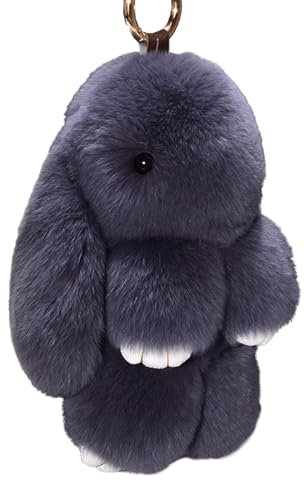CHUNLINLAODA Porte-clés en forme de lapin mignon en peluche douce avec pompon en fausse fourrure de lapin synthétique pour femme, gris foncé, S
