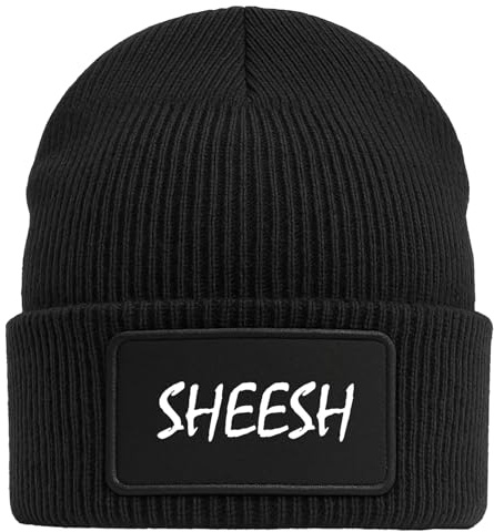 Huuraa Beanie Sheesh Jugendwort Geschenk | Black Geschenkidee Schwarze Rippstrick Wintermütze mit austauschbarem Klett Patch