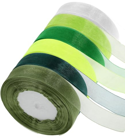 6 Rollen Organzaband Der Serie Grün, 45m X 2cm Geschenkband, Schleifenband Grün, Geschenkband Hochzeit, Chiffonband, Dekoband für Handgemachtes DIY und Weihnachtendeko
