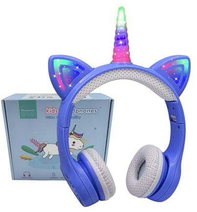 YUSONIC Unicorn Headphones, Bluetooth Headphones for Girls Boys Laptop Tablet, LED Lighting Kids Headphones for Birthday Travel School Gifts (Blue)