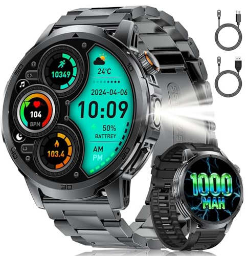 LIGE SMART Reloj Inteligente Hombre, Pantalla Grande de 1,85/Llamada Bluetooth/1000mAh/Torcha LED, Smartwatch Hombre con Frecuencia Cardíaca/Sueño/IP68/110+ Modos Deportivos Android iOS, Negro-Acero