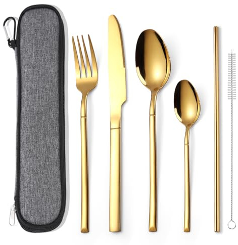 AARAINBOW Stainless Steel Cutlery Set for 1 Person, 6 Teilig Besteck to Go mit Etui Camping Besteck für Reise Arbeit, Geschirrspüler Sicher, Golden