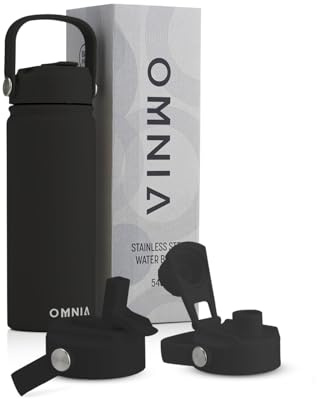 OMNIA NUTRIENTS Vacuum Insulated Stainless Steel Water Bottle, 2 Lids (Straw & Spout) Leakproof, BPA-Free, Reusable Flask Ideal for Travel and Outdoors (Black - 540 ml)