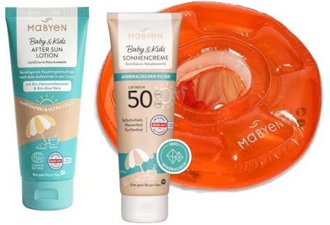 MABYEN Baby Sommer-Set – Mineralische Sonnencreme LSF 50 (100ml) + After Sun Lotion (180ml) + Schwimmsitz | Naturkosmetik, parfümfrei, vegan | TÜV-geprüft | ab 6 Monaten