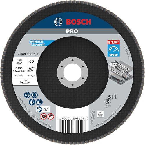 Bosch 1x PRO Metal X571 Fächerschleifscheibe, gerade Ausführung, Fiber, für große Winkelschleifer (für Stahl, Edelstahl, Ø 180 mm, Körnung 80, Professional Zubehör Großer Winkelschleifer)