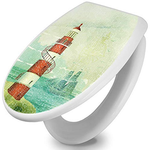 banjado Toilettendeckel mit Absenkautomatik 44,5x37cm / WC Sitz mit Absenkautomatik/Toilettensitz Duroplast mit Edelstahl Scharnieren/Klodeckel mit Absenkautomatik Motiv Alter Leuchtturm