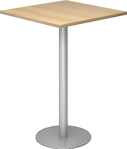 bümö Stehtisch Büro, Bistrotisch eckig 80 x 80 cm - Bartisch Eiche, Stehtisch Holz-Platte, Säule aus Metall in Silber, Buffettisch, Säulentisch, Partytisch, Thekentisch, Hochtisch, Barmöbel