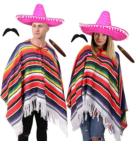 Deluxe Wild West Mexican Fancy Dress - Stripes Poncho, POM POM Sombrero, Jumbos Plastic Cigars, Tash - Perfect for Mens and Ladies Parties