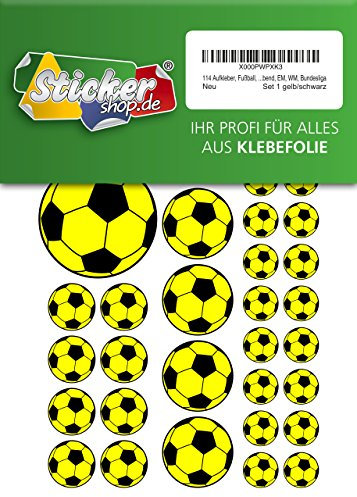 114 Aufkleber, Fußball, Sticker, 15-50 mm, gelb/schwarz, aus PVC, Folie, bedruckt, selbstklebend, EM, WM, Bundesliga