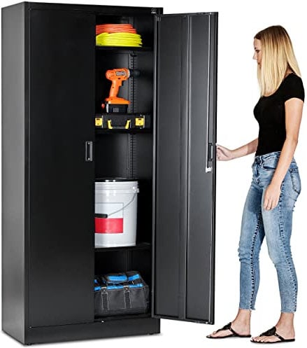 Fedmax 180cm Storage Cabinet, Steel Utility Cabinet with Lock and Adjustable Shelves for Garage, Office, Classroom and Kitchen - Black