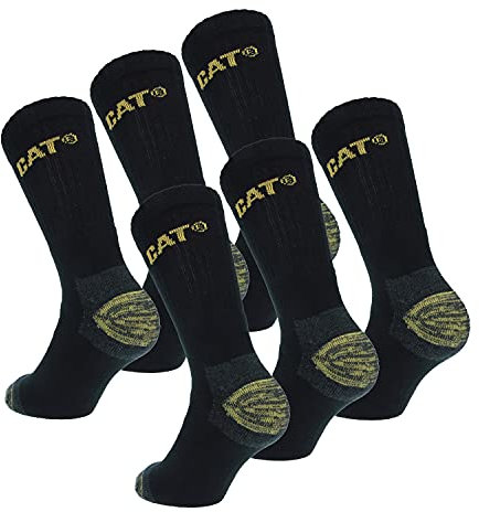 Caterpillar 6 Paar CAT Herren-Arbeitsschutzsocken, doppelte Verstärkung an Zehen und Ferse, hochwertige Garne, Baumwollschwamm (Schwarz, 39-42)
