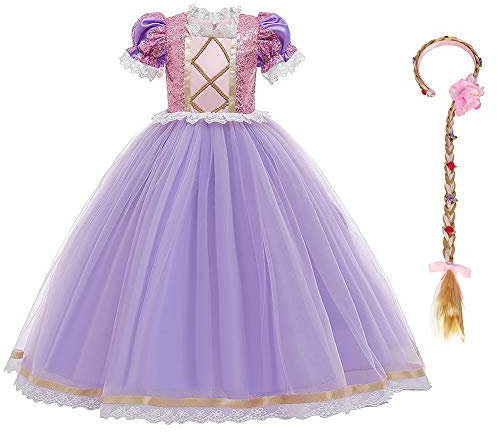 IBTOM CASTLE Disfraz infantil de princesa Rapunzel, largo, vestido de fiesta, cosplay, carnaval, dama de honor, vestido de fiesta de cumpleaños, Violeta (2 unidades)., 4-5 Años