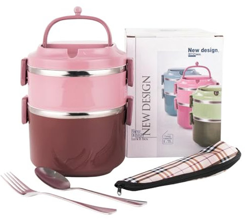 SANQIAHOME 2 strati portapranzo in acciaio inox,sigillare, Lunch Box con manico,Rosa
