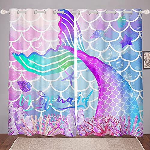 richhome Kinder Mädchen Meerjungfrau Fenstervorhang 137x117cm, Märchen Meerjungfrau Schwanz Gradient Fishscale Vorhänge für Jungen Mädchen Gedrucktes, Gardine 2er-Set Fenster Vorhänge,Lila