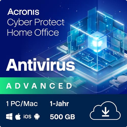 Acronis Cyber Protect Home Office 2023 | Advanced | 500 GB Cloud-Speicher | 1 PC/Mac | 1 Jahr | Windows/Mac/Android/iOS | Internet Security inkl. Backup | Aktivierungscode per Email