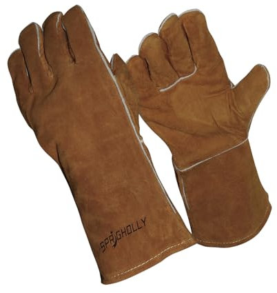 SPRIGHOLLY Schweißhandschuhe aus hitze- und feuerfestem Leder für Stick, Mig, Tig, Schmiede, Grill, Grill, Kamin, Holzofen, Ofen, Ofen, Topf Grau,14 Zoll dunkelbraun
