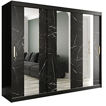 Kleiderschrank Kamoga POLE, Schwebetürenschrank mit 2 Kleiderstangen Spiegel Marmor Muster Schiebetürenschrank für Schlafzimmer Garderobe (Modell 250, ohne Schubladen, Schwarz / Marmor Schwarz + Gold)
