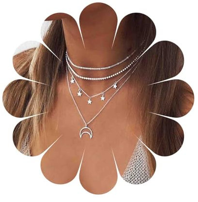 Dervivea Boho Geschichteten Stern Halskette Choker Silber Mond Halbmond Anhänger Halskette Kette Stern Baumeln Halskette Mehrschichtige Kugelkette Halskette Schmuck Für Frauen Und Mädchen