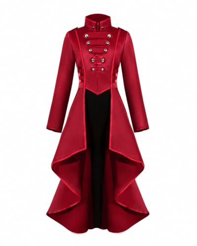 Damen Steampunk Vintage Frack Jacke, Halloween Gothic Gehrock Mantel Kostüm | Eleganter Damen Mantel mit Stehkragen, asymmetrischem Saum und dekorativen Knöpfen. Perfekt für Halloween, Cosplay und Partys