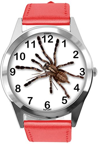 Runde Armbanduhr aus rotem Leder für Fans von Spinne, rot