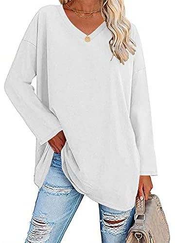 Famulily Womens Casual Long Sleeve Loose Tee Tops Ladies V Neck Comfy T Shirt Baseball Tops White L