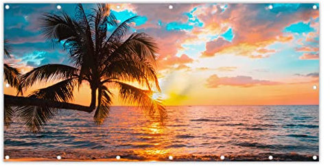 MuchoWow® Balkon Sichtschutz Sichtschutzmatte Balkonbanner Abdeckung für Terrasse Balkon Windschutz Blickdicht Wetterfest 200x110 cm Palme - Sonnenuntergang - Horizont - Strand - Meer - Tropisch