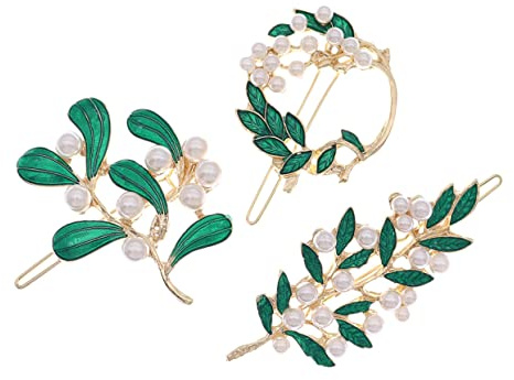 Lurrose Lot de 3 barrettes à cheveux en forme de feuille - Pinces latérales avec perle en plastique et strass vert - Accessoires de coiffure élégants pour femmes et filles