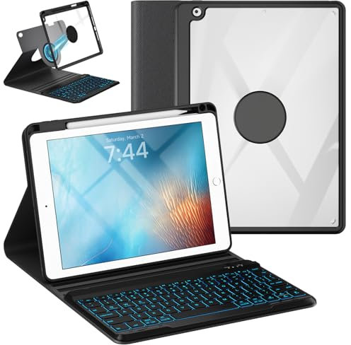 OPAKIT Custodia per tastiera per iPad 9.7 6th 2018/5a generazione 2017/Air 2-7 tastiera retroilluminata wireless a colori, cover sottile staccabile con portamatite, colore: nero