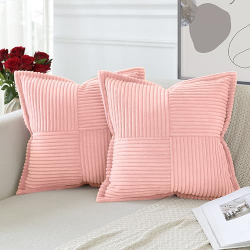 Artscope 2er Set Kordsamt Kissenbezüge Samtkissen Weich Dekokissen Dekorativ Kissenbezug Modern Kissenhülle Umwickelte Kante Sofakissen für Wohnzimmer Schlafzimmer Rosa, 50x50cm