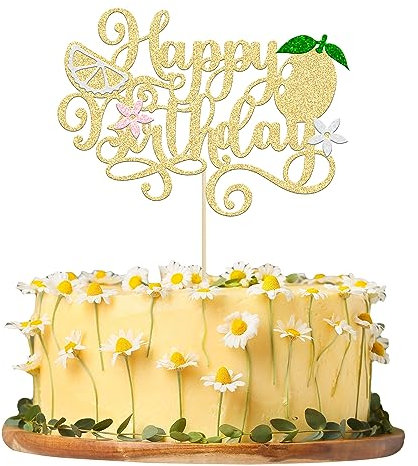 Gyufise 1Pcs Lemon Happy Birthday Cake Topper Assembled Glitter Fruit Theme Lemonade Party Cake Pick Decorations for Lemon Theme Baby Shower Kids Boys Girls Birthday Party Supplies