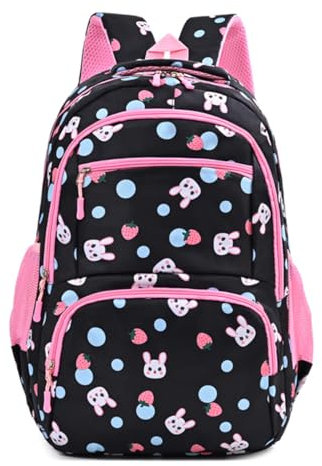 Treer 24L Sac a Dos Enfant, 3D Dessin Animé Cartable Fille Primaire, Cartable Garcon Primaire, Cartable Stitch en Nylon Imperméable Cartable pour 1-9e Année (Lapin Noir,45x33x16cm)