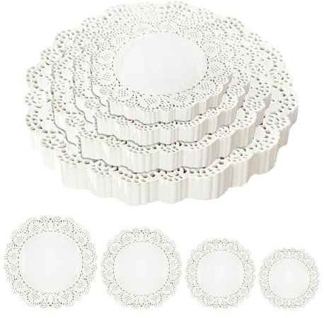 NyxSeat 200 Blatt Weiße Runde Papierblöcke, Dekoratives Spitzenpapier, Kuchenpapier, Tischdeckenpapier, Untersetzer, Spitzen-Tischsets, Für Lebensmitteldekorationspapier (4 Größen)