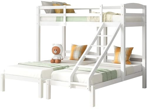 kubeier Etagenbett für 3 Kinder, Kinderbett 90x200cm Funktionsbett Stockbett Hochbett Jugendhochbett Dreierbett mit Rausfallschutz und Lattenrost, Massivholz Kinderbett, Jugendbett, weiß