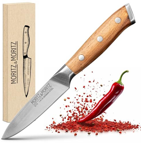 Moritz & Moritz Gemüsemesser 9 cm - Kleines Obstmesser mit scharfer Klinge - Schälmesser für präzises Schneiden - Ergonomischer Griff aus Akazienholz - Allzweckmesser aus deutschem Messerstahl