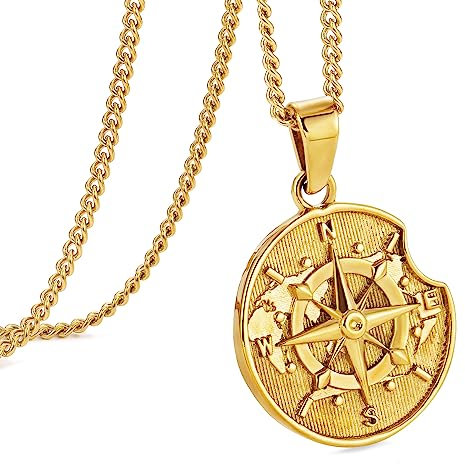 murtoo Gold Münze kette herren, halskette kette, silberkette herren, kompass kette, kompass anhänger, edelstahl kette, anhänger kette, geschenk herren 60cm